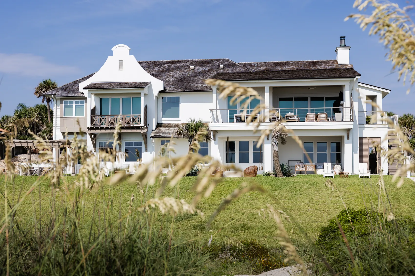 An oceanfront estate at dusk