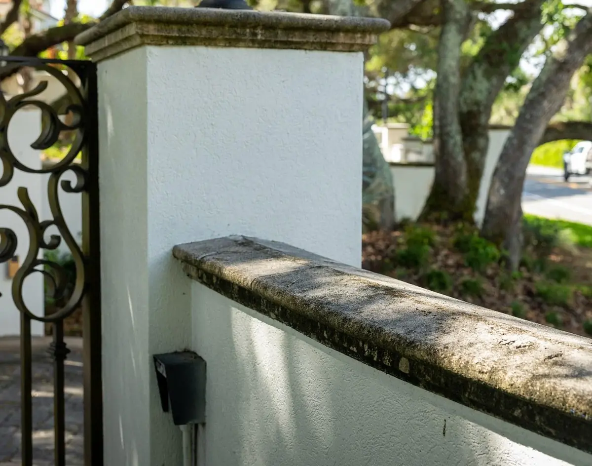 Stone rail detail before, deep organic growth and grime