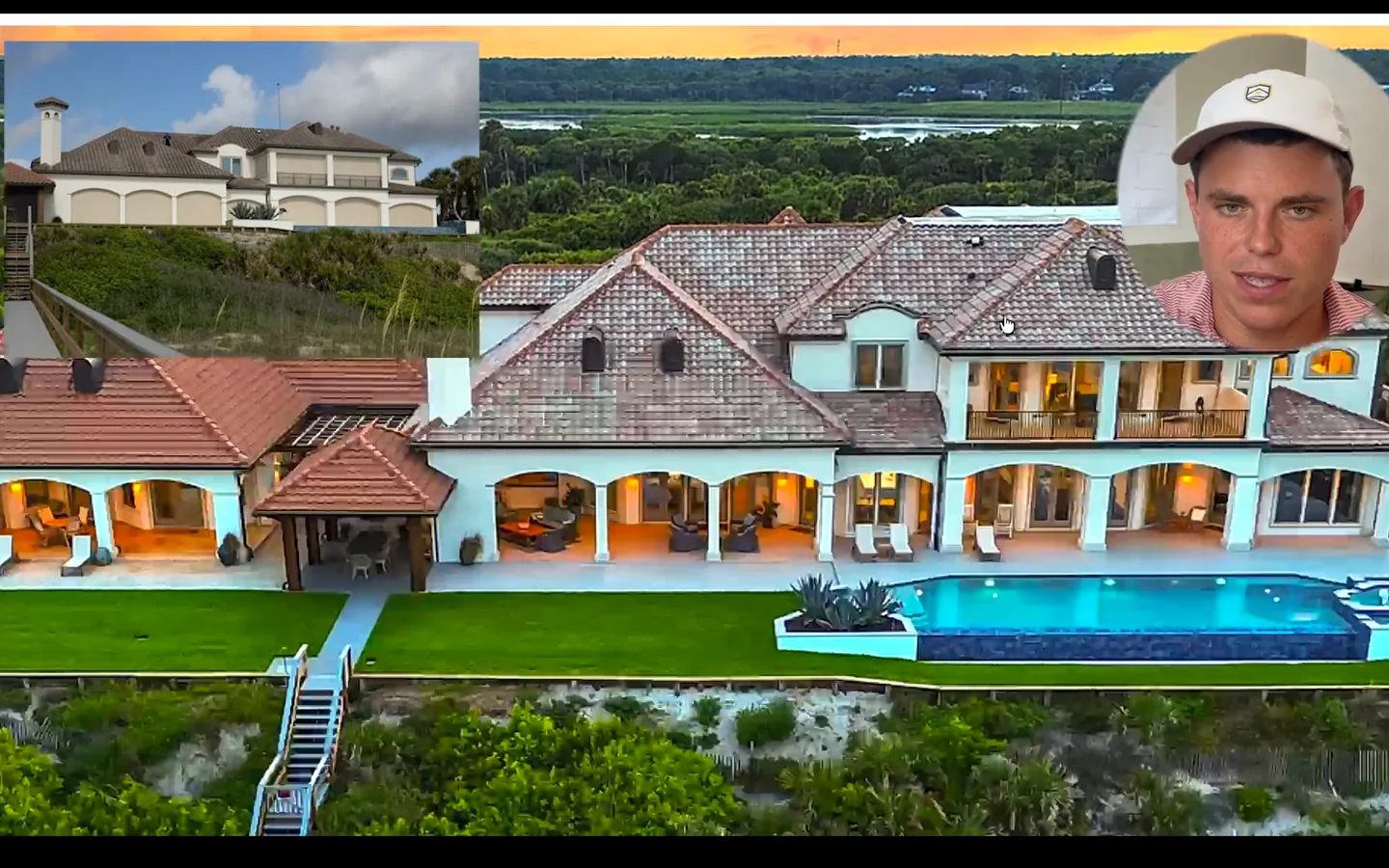 An oceanfront estate at dusk, with our founder walking through the project